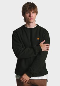 Sudadera verde oscura hecha de una tela gruesa, con un logo de elefante bordado en el pecho y mangas con puños. Llevada sobre una camisa blanca.
