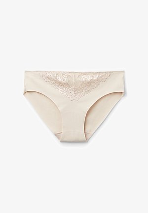 Beige women's bikini-style underwear with a floral lace detail at the front waistline, seamless edges, and smooth fabric.