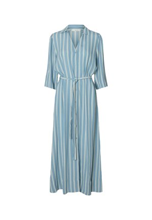 Blue striped long dress with a button-down front, collar, long sleeves, and a tied waist belt. Soft fabric and flowing design.
