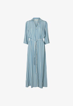 Blue striped long dress with a button-down front, collar, long sleeves, and a tied waist belt. Soft fabric and flowing design.