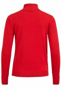 Pull rouge à col montant et manches longues. Présente des poignets et un ourlet côtelés, des détails à boutons sur les manches, et une texture lisse.