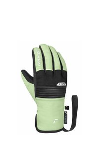 Grüne und schwarze Winterhandschuhe mit griffiger Textur, elastischem Bündchen und verstellbarem Riemen. Ausgestattet mit einem Markenlogo und beweglichen Fingern für Flexibilität.