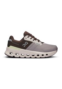Lightweight athletic shoes in gradient shades of gray and brown. Mesh upper with waterproof accents and cushioning sole featuring hexagonal cutouts.