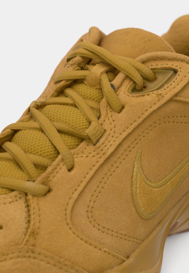 Primer plano de una zapatilla Nike de ante beige con cordones a juego, logo cosido y detalles de malla en la lengua.