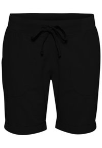 Shorts noirs avec une ceinture élastique à cordon, deux poches avant et des ourlets retroussés. Tissu doux avec une texture lisse.