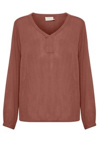 Langärmlige Bluse aus rostfarbenem Stoff mit V-Ausschnitt und feiner Textur. Verfügt über ein Schlüsselelement am Hals und einen geraden Saum.