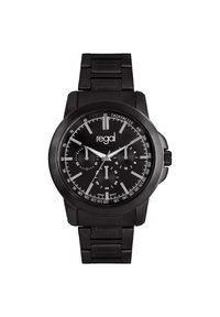 Schwarze Chronograph-Uhr mit matter Oberfläche, silbernen Akzenten, Tachymeterskala, drei Subdials und einem strukturierten Gliederarmband.