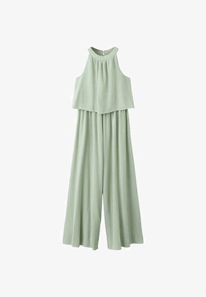 Hihaton rohtosammalenvihreä kokohaalari, jossa on korkea pääntie, väljä yläosa ja leveälahkeiset housut, valmistettu kevyestä kuvioidusta kankaasta.