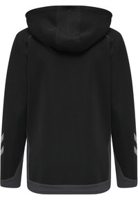 Giacca nera con cappuccio, dal tessuto liscio, con dettagli grigi e pannelli laterali decorati. Design semplice con maniche lunghe.