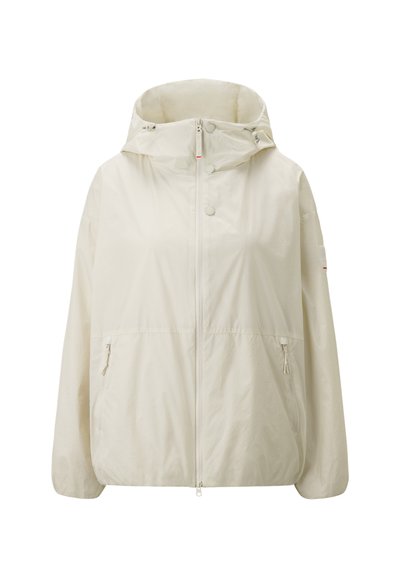 Lightweight, cream jacket with a hood, front zipper, side pockets, and textured fabric. Features snap buttons and a subtle grid pattern.