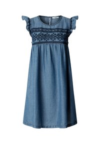 Modra denim obleka z rahlimi rokavi in vezenim cvetličnim vzorcem na prsih, okroglim izrezom in nabranim pasom.