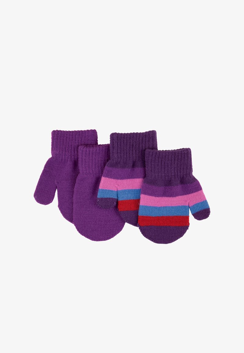 Set di guanti lavorati a maglia viola, con design a tinta unita e a righe. Polsini a coste, con diverse sfumature di viola, rosa, blu e accenti rossi.