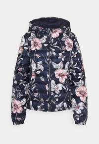 Kukkaprintti puhjewinttakki, jossa on tummansininen tausta, vaaleanpunaisia ja valkoisia kukkia, vetoketjullinen etuosa, huppu ja tikattu pinta. Kestävä synteettinen materiaali.