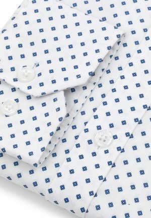 Biała koszula z drobnym niebieskim wzorem w kwiaty, złożona z dodatkowymi guzikami. Wykonana z lekkiego materiału, z klasycznym kołnierzykiem i mankietami.