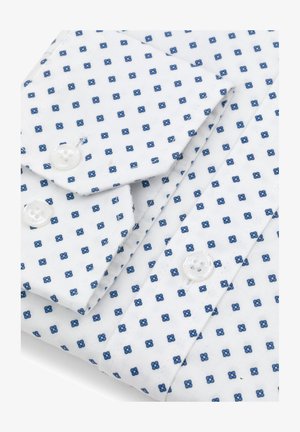Biała koszula z drobnym niebieskim wzorem w kwiaty, złożona z dodatkowymi guzikami. Wykonana z lekkiego materiału, z klasycznym kołnierzykiem i mankietami.