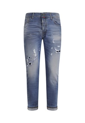 Lichtblauwe spijkerbroek met verouderde details, scheuren en een taps toelopend design. Voorzien van een klassieke vijfzakkenstijl en omgeslagen zoom.