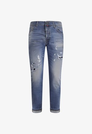 Jeans in denim azzurro chiaro con dettagli consumati, strappi e un design affusolato. Caratterizzati da un classico stile a cinque tasche e orli risvoltati.