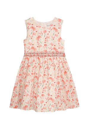 Ärmelloses rosa Kleid mit rotem und grünem Blumenmuster, geraffter Taille mit roter Raffung und rundem Ausschnitt mit Reißverschluss auf der Rückseite.