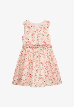 Ärmelloses rosa Kleid mit rotem und grünem Blumenmuster, geraffter Taille mit roter Raffung und rundem Ausschnitt mit Reißverschluss auf der Rückseite.