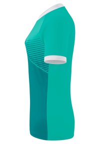 Teal athletic shirt with a white collar, short sleeves, featuring horizontal stripes on one side and a smooth texture throughout.