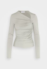 Maglia grigia chiara a maniche lunghe con dettagli arricciati sul lato destro anteriore e scollatura asimmetrica del marchio Weekday.