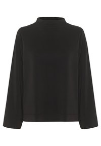 Černý dlouhý rukáv top s vysokým výstřihem, vyrobený z hladké látky. Má uvolněný střih a jednoduchý design bez dalších vzorů nebo zdobení.