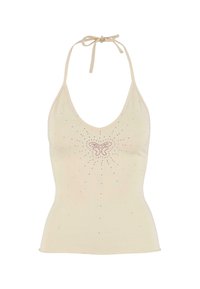 Cremefarvet halterneck top lavet af blødt stof med et sommerfugledesign og spredte rhinstenudsmykninger.