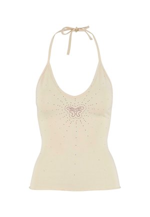 Cream, halter-neck tank top made from soft fabric featuring a butterfly design and scattered rhinestone embellishments.