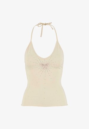 Top de tip halter, crem, realizat dintr-un material moale, cu un design de fluture și aplicații strălucitoare dispersate.