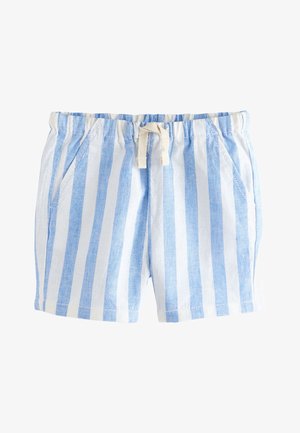 Blå og hvide shorts med lodrette striber, elastisk talje og hvid snøre foran.