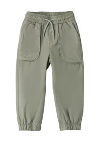 Jasnozielone, lekkie spodnie z materiału z elastycznym paskiem w talii, sznurkiem i dwiema dużymi kieszeniami z przodu. Cuffowane zakończenia nogawek.