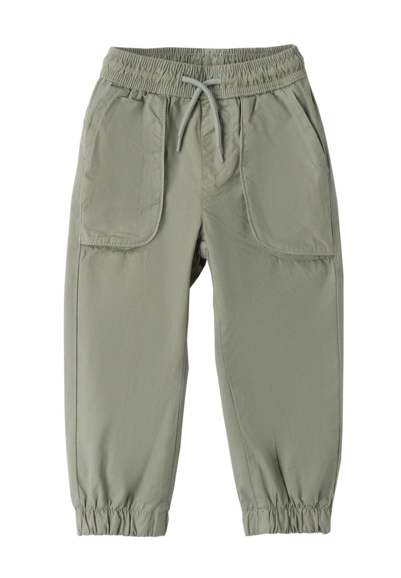 Jasnozielone, lekkie spodnie z materiału z elastycznym paskiem w talii, sznurkiem i dwiema dużymi kieszeniami z przodu. Cuffowane zakończenia nogawek.