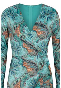 Turkis wrap kjole med et paisley mønster i orange og blå, med lange ærmer og en dyb V-udskæring. Lynlås lukning bagpå.