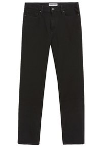 Jeans droits en denim noir avec une fermeture éclair, cinq poches et des détails de couture subtils. Texture lisse et couleur uniforme tout au long.