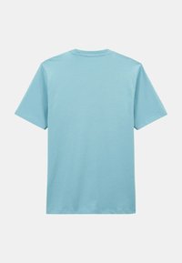 T-shirt à manches courtes en coton bleu clair, doté d'un col rond et d'une texture lisse, avec des détails de coutures minimalistes au dos.