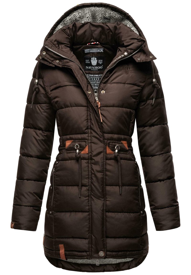 Dark brown padded jacket with a faux fur-lined hood, drawstring at the waist, and tan leather accents on pockets and zippers.