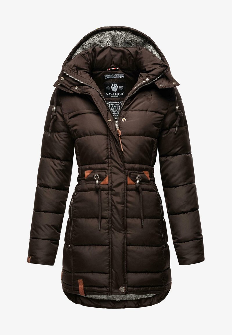 Dark brown padded jacket with a faux fur-lined hood, drawstring at the waist, and tan leather accents on pockets and zippers.