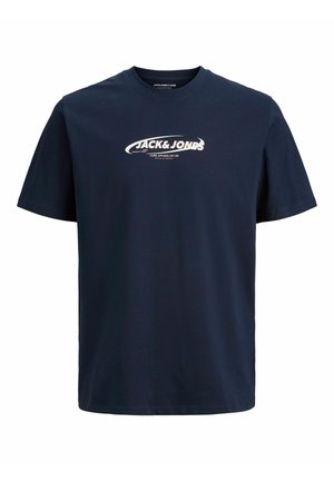 T-shirt in cotone blu navy con maniche corte e scollo rotondo. Presenta una stampa grafica bianca sul davanti.