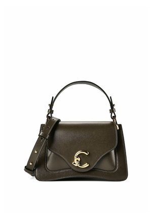 Sac à main en cuir vert foncé avec poignée sur le dessus, bandoulière réglable et fermoir logo double C doré sur le rabat avant.