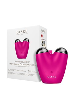 GESKE pink mikrostrom ansigtsløfter med to sølvkugler, samt æske med produktnavn, funktioner og prisikoner.