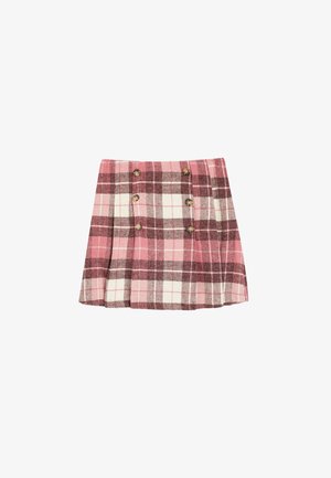 Mini-jupe en tartan rose avec des lignes blanches et marron foncé, dotée de cinq boutons sur le devant et d'un design plissé. La texture du textile est tissée.