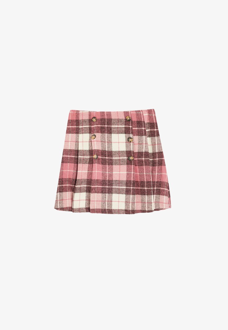 Mini gonna a scacchi rosa con linee bianche e marrone scuro, dotata di cinque bottoni sul davanti e design plissettato. La texture del tessuto è intrecciata.