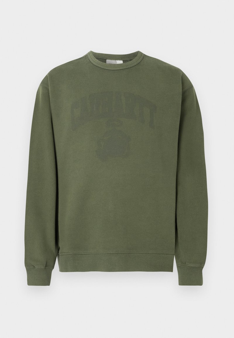 Olive green sweatshirt made of soft fabric, featuring a crew neckline, long sleeves, and a subtle printed logo across the chest.
