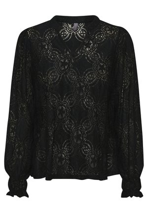 Blusa nera in pizzo con motivo floreale, maniche lunghe e polsini arricciati. Presenta un scollo a V e una silhouette fluida.