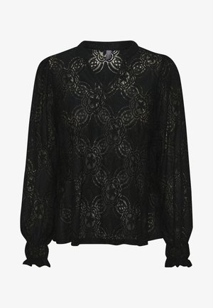 Melna mežģīņu blūze ar ziedu rakstu, garām piedurknēm un plūstošām aprocēm. Izceļas ar V veida kakla izgriezumu un plūstošu siluetu.