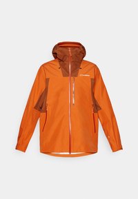 Orange Outdoor-Jacke mit braunem Kapuzen, Reißverschluss vorne, zwei Seitentaschen und kontrastierenden Farbpaneelen, aus wasserabweisendem Material gefertigt.