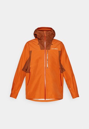 Orange outdoor jacket featuring a brown hood, zippered front, two side pockets, and contrasting color panels, made from a waterproof material.