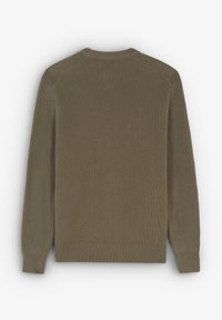 Olive green knit sweater with ribbed texture, crew neckline, and long sleeves. Features a solid design with a slightly fitted silhouette.