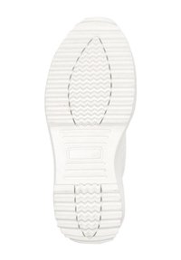 Biała podeszwa sneakersów z teksturowanym wzorem w rybi ogon, z gładkim owalnym wycięciem i poziomymi liniami dla lepszej przyczepności.