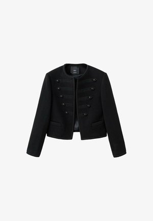 Chaqueta corta negra hecha de tela texturizada con cuello redondo, detalles decorativos de botones y bolsillos laterales.